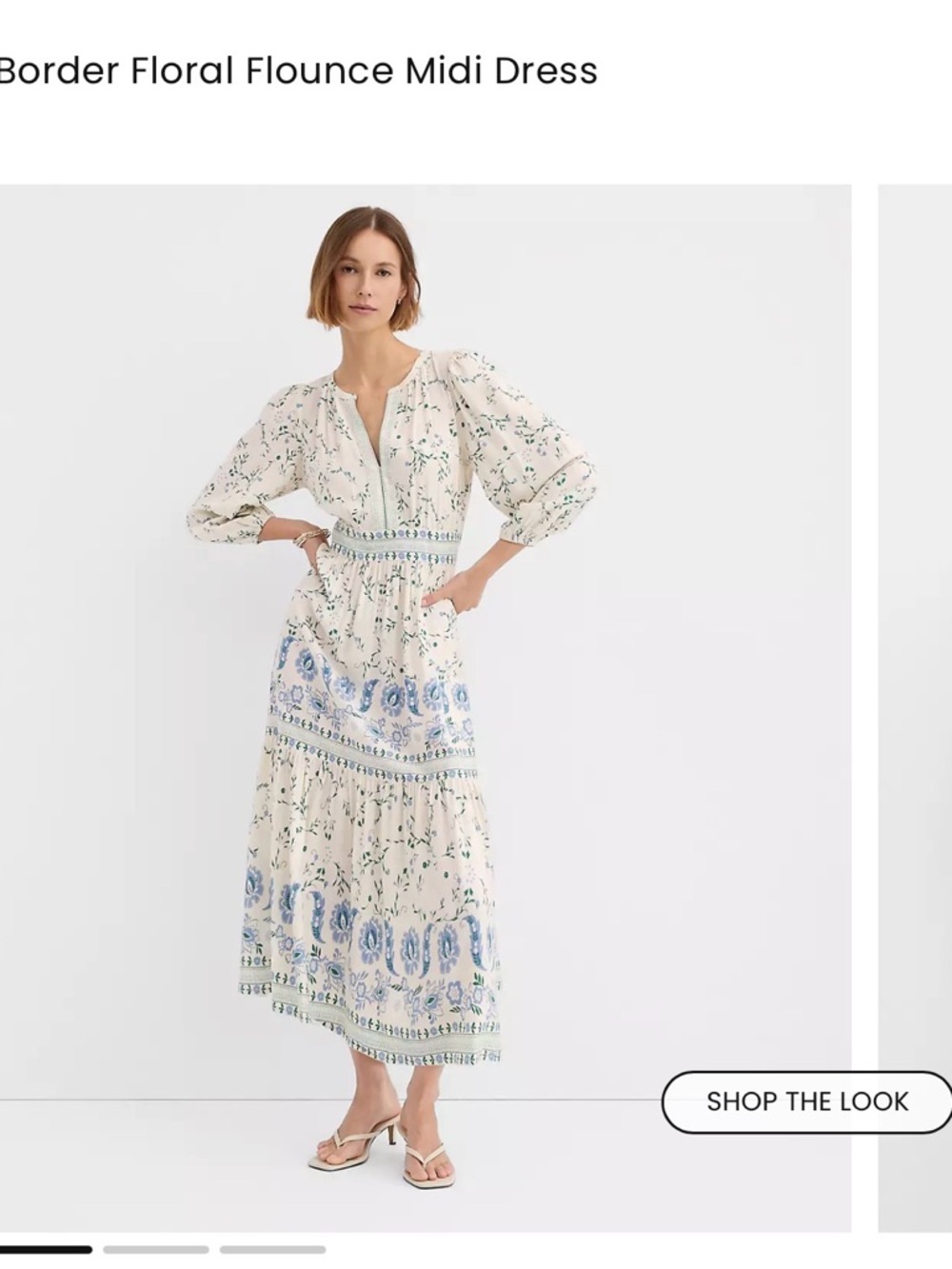 Border Floral Flounce Midi Dress - Cream with Blue Floral